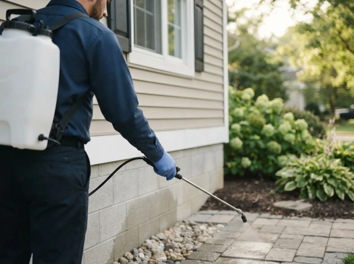 Pest control technician inspecting a home in Lake Linden, MI